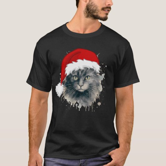 クリスマスハットのサンタ猫 Tシャツ (正面)