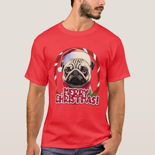 クリスマスハットのプグChristmas depression friend Tシャツ (正面)