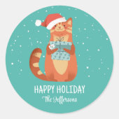 クリスマスハットの冬の休日にかわいい猫 ラウンドシール (正面)