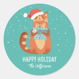 クリスマスハットの冬の休日にかわいい猫 ラウンドシール