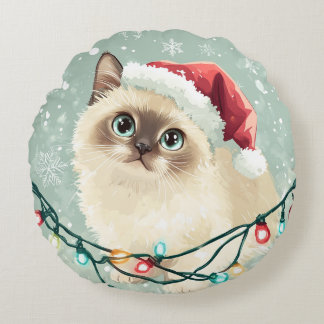 クリスマスハットの猫のクッション ラウンドクッション