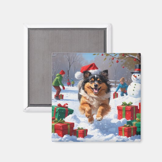 クリスマスハットをかぶったケースホンドの雪中奔走 マグネット (正面/裏面)