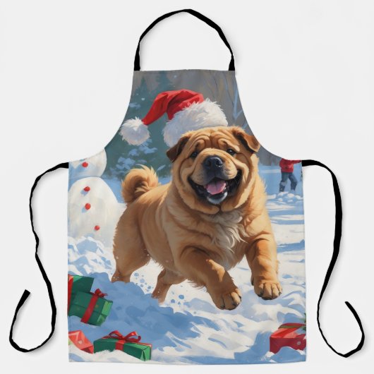 クリスマスハットをかぶったシャーペイの雪遊び エプロン (正面)