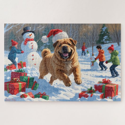 クリスマスハットをかぶったシャーペイの雪遊び ジグソーパズル (横)