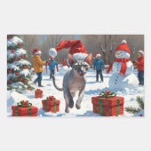 クリスマスハットをかぶったスフィンクス猫の雪中奔走 長方形シール (正面)