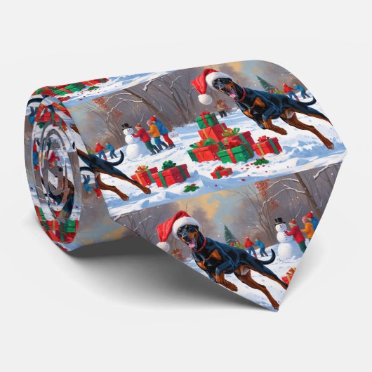 クリスマスハットをかぶったドーベルマンが雪の中を走る ネクタイ (ロール)