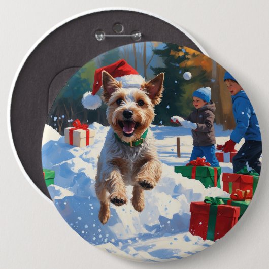 クリスマスハットをかぶったワイヤーフォックステリアの雪上ラン 缶バッジ (正面&裏面)