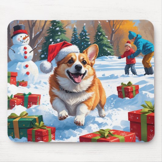 クリスマスハットをかぶった雪の中を走るコーギー マウスパッド (正面)