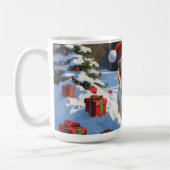 クリスマスハットをかぶって雪の中を走るケアン・テリア コーヒーマグカップ (左)