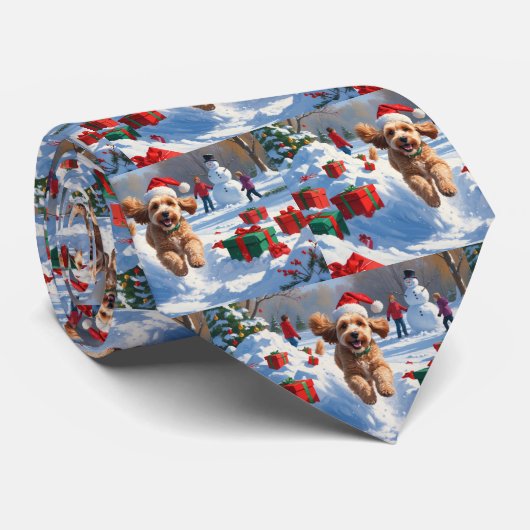 クリスマスハットをかぶって雪の中を走るコッカプー ネクタイ (ロール)