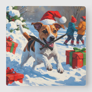 クリスマスハットをかぶって雪の中を走るジャック・ラッセル スクエア壁時計