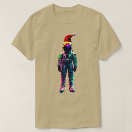 クリスマスハットを持つ宇宙飛行士 Tシャツ (デザイン正面)