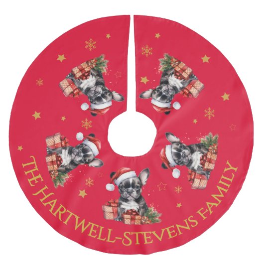 クリスマスハットを着たボストンテリア ブラッシュドポリエステルツリースカート (正面)