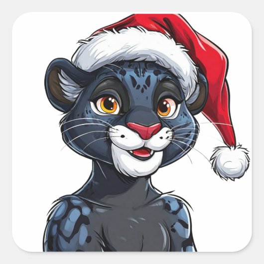 クリスマスハットを着た黒いヒョウ スクエアシール (正面)