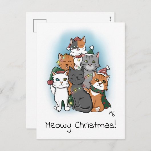 クリスマスハットを積み重ねた猫たち シーズンポストカード (正面/裏面)