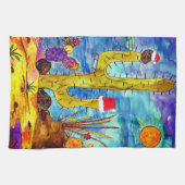 クリスマスハットキッチンタオルの中のサボテンのフクロウ キッチンタオル (横)