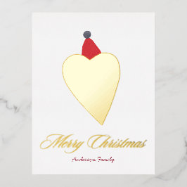 クリスマスハットホワイトと素敵なゴールデンハート 箔シーズンポストカード