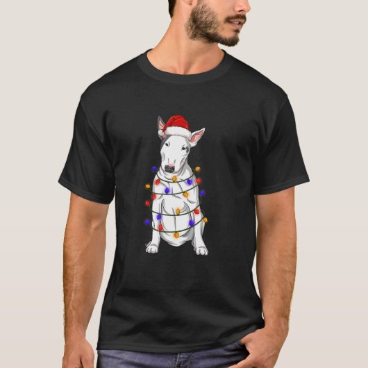 クリスマスハットライトをかぶったブルテリアーズ犬 Tシャツ (正面)