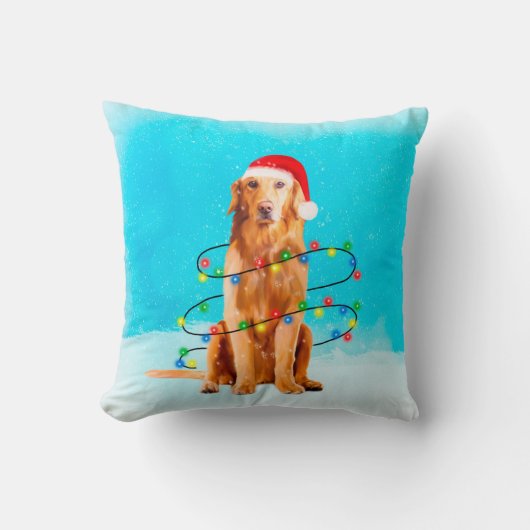 クリスマスハット付きゴールデンレトリエバー犬 クッション (正面)