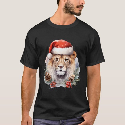 クリスマスハット付きライオン南アフリカサファリ動物 Tシャツ (正面)
