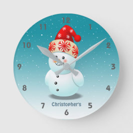 クリスマスハット付き可愛い小さな雪だるま ラウンド壁時計