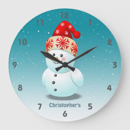 クリスマスハット付き可愛い小さな雪だるま ラウンド壁時計