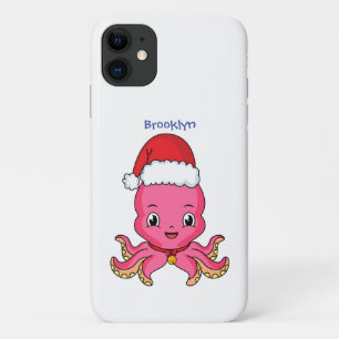クリスマスハット漫画を着たかわいい幸せなタコ iPhone 11 ケース