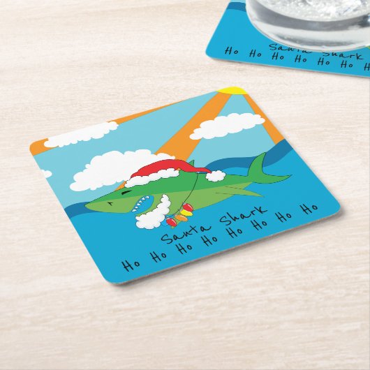 クリスマスハッピーサンタシャークスクエア紙コースター スクエアペーパーコースター (アングル)