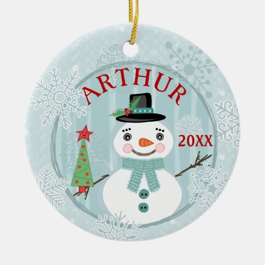 クリスマスハッピーホリデーズ雪だるまカスタム セラミックオーナメント (正面)