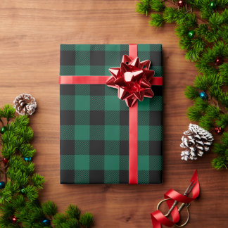 クリスマスハンターグリーンとブラックブッファローチェック ラッピングペーパー