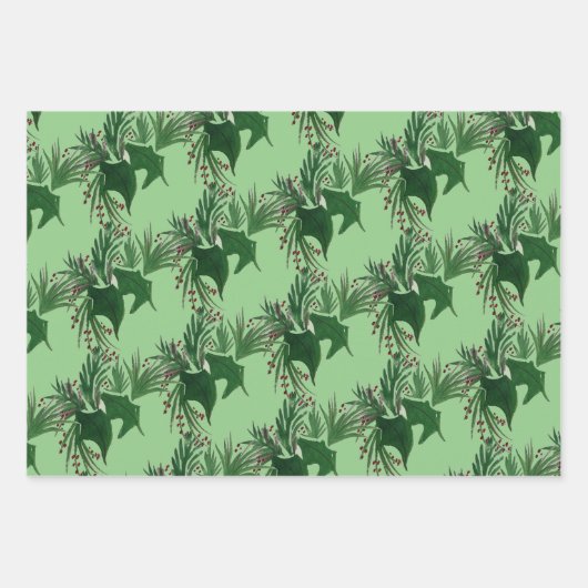 クリスマスハンドウォーターカラーツリーモミの果実ピンク ラッピングペーパーシート (正面3)