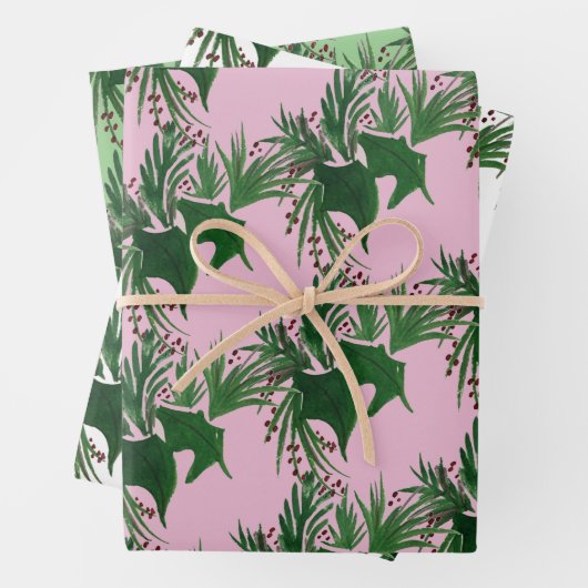 クリスマスハンドウォーターカラーツリーモミの果実ピンク ラッピングペーパーシート (インサイチュ)