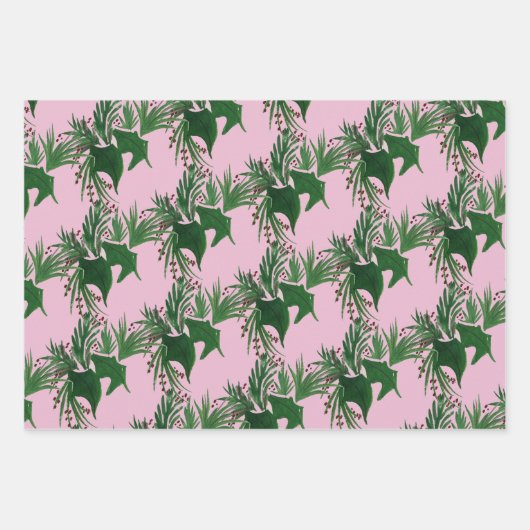 クリスマスハンドウォーターカラーツリーモミの果実ピンク ラッピングペーパーシート (正面)