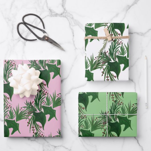 クリスマスハンドウォーターカラーツリーモミの果実ピンク ラッピングペーパーシート (正面)
