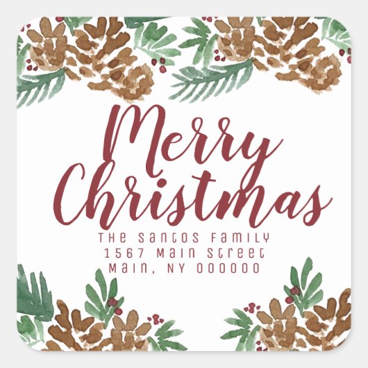 クリスマスハンドウォーターカラーピネコーングリーンベリー スクエアシール (正面)