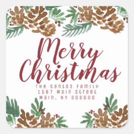 クリスマスハンドウォーターカラーピネコーングリーンベリー スクエアシール