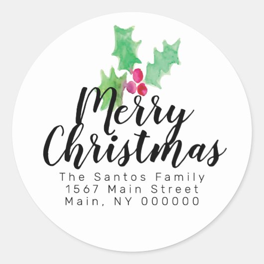 クリスマスハンドウォーターカラーホリーベリーアドレス ラウンドシール (正面)