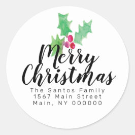 クリスマスハンドウォーターカラーホリーベリーアドレス ラウンドシール