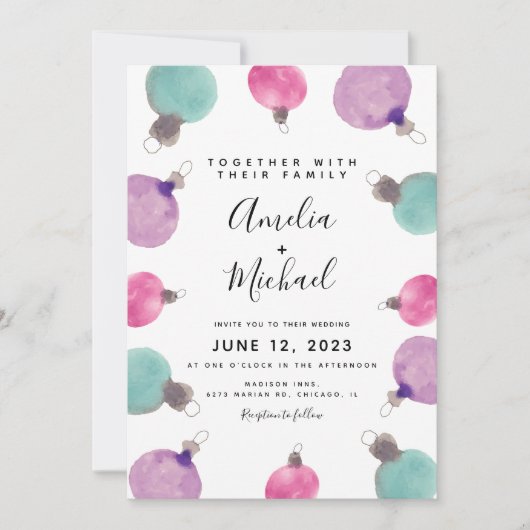 クリスマスハンドウォーター縁どカラーオーナメント結婚ズ 招待状 (正面)