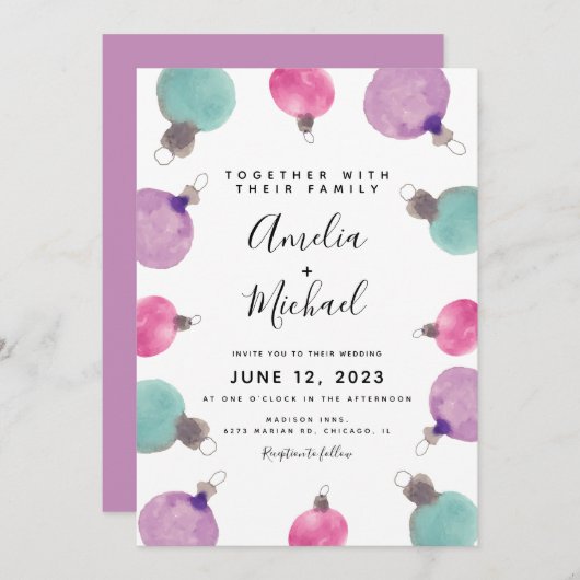 クリスマスハンドウォーター縁どカラーオーナメント結婚ズ 招待状 (正面/裏面)