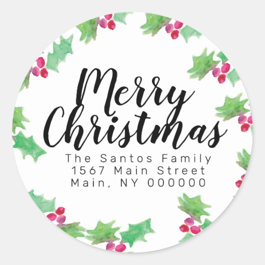 クリスマスハンド水色のホリーベリーアドレス ラウンドシール (正面)