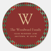 クリスマスハーレクインパターンレッドグリーン金ゴールドアドレス ラウンドシール (正面)
