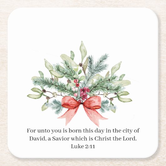 クリスマスバイブル詩の水の色の緑フローラ スクエアペーパーコースター (正面)