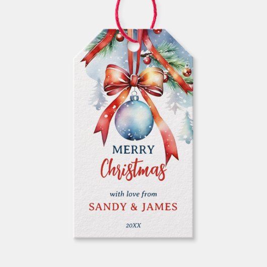 クリスマスバウス赤いコケパーソナライズされたボウ ギフトタグ (正面)