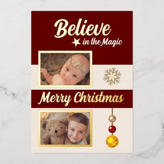 クリスマスバウツ星のスノーフレークの写真バーガンディ 箔シーズンカード (正面)