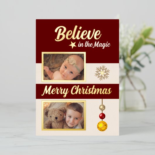 クリスマスバウツ星のスノーフレークの写真バーガンディ 箔シーズンカード (立ち正面)