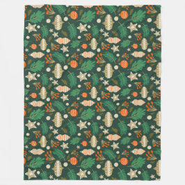 クリスマスバウブルと冬の葉の緑 フリースブランケット