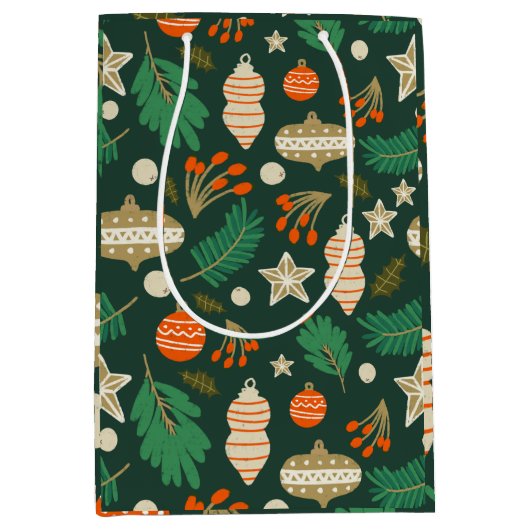 クリスマスバウブルと冬の葉の緑 ミディアムペーパーバッグ (正面)