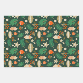 クリスマスバウブルと冬の葉の緑 ラッピングペーパーシート