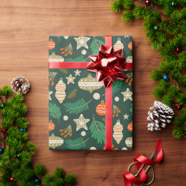 クリスマスバウブルと冬の葉の緑 ラッピングペーパー